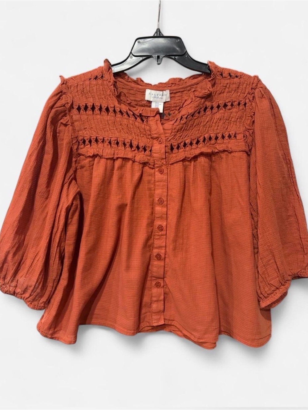 Calypso St. Barth Burnt Orange Crochet Yoke Button-Down Top